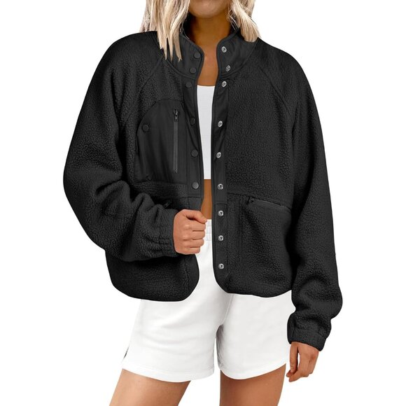 Womens Fuzzy Fleece Jacket Large Casual Sherpa Button Down Coat Outwear